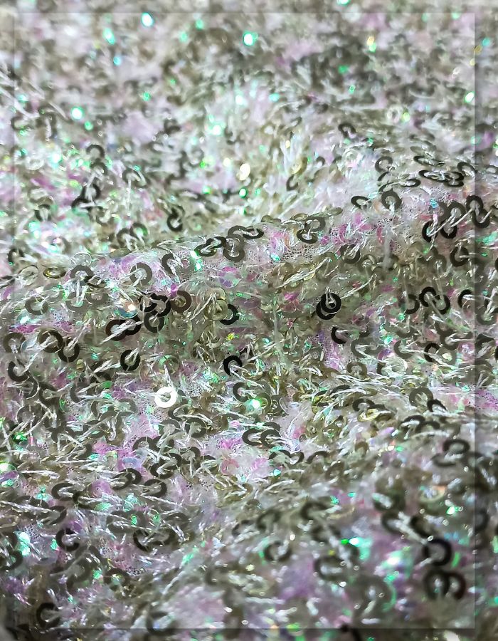 3 mm Mini Light Gold & Rainbow Sequins Fabric for Bridal Outfit - 1516-C