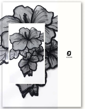 Premium Black Hibiscus Beaded Embroidered Applique