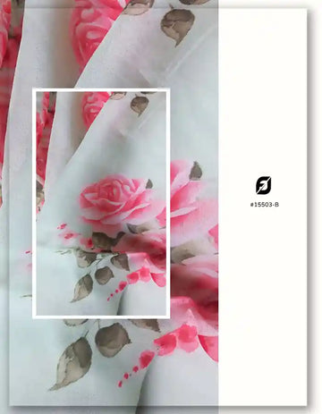 Off-White Viscose Organza Fabric with Pink Rose Floral Print