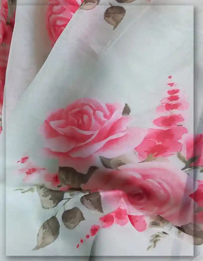 Off-White Viscose Organza Fabric with Pink Rose Floral Print