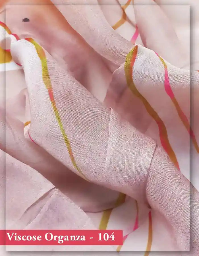 Mauve Pink Viscose Organza Fabric with Abstract Stripes Print