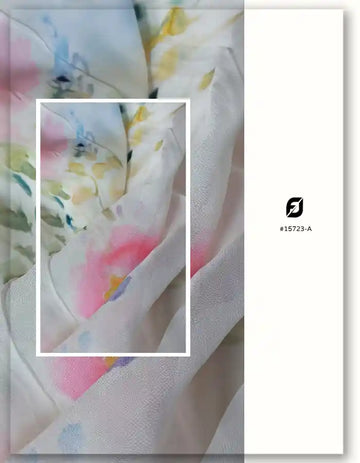 White Viscose Organza Fabric with Pink Blue Abstract Floral Print