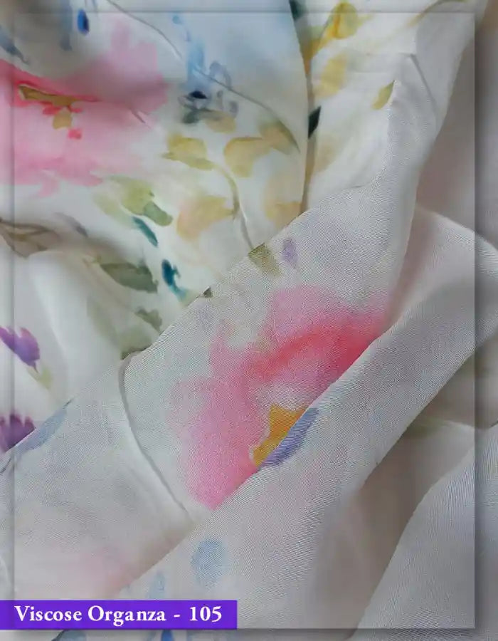 White Viscose Organza Fabric with Pink Blue Abstract Floral Print