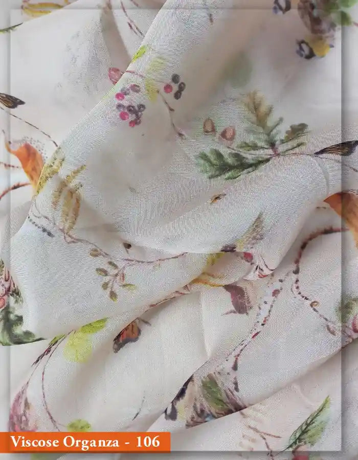 Cream Viscose Organza Fabric with Nature Bird Print