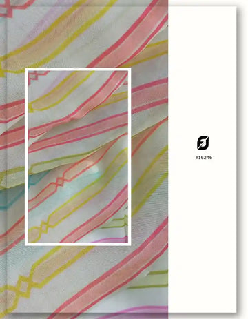 Cream Viscose Organza Fabric with Multicolor Geometric Stripes