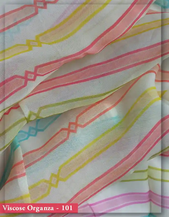 Cream Viscose Organza Fabric with Multicolor Geometric Stripes