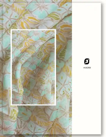 Beige Viscose Organza Fabric with Mint Green Leaf Print