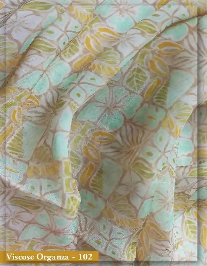 Beige Viscose Organza Fabric with Mint Green Leaf Print
