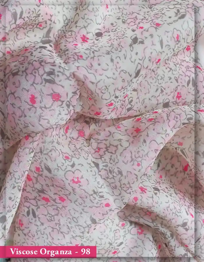 Off-White Viscose Organza Fabric with Pink Ditsy Floral Print