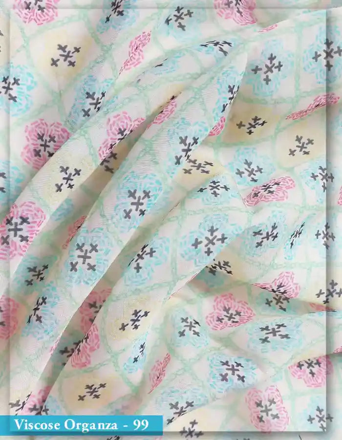 Off-White Viscose Organza Fabric with Multicolor Geometric Print