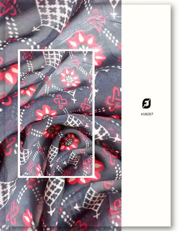 Black & Red Viscose Organza Fabric with Floral Geometric Print