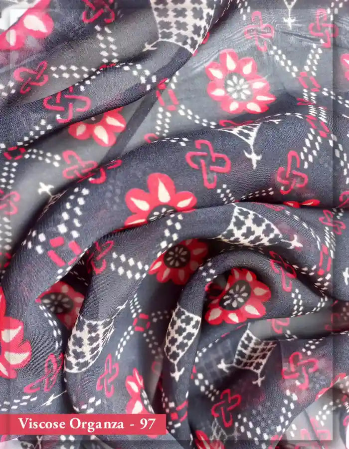 Black & Red Viscose Organza Fabric with Floral Geometric Print