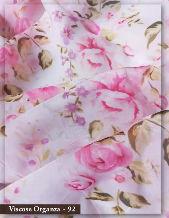 Baby Pink Viscose Organza Fabric with Rose Floral Print
