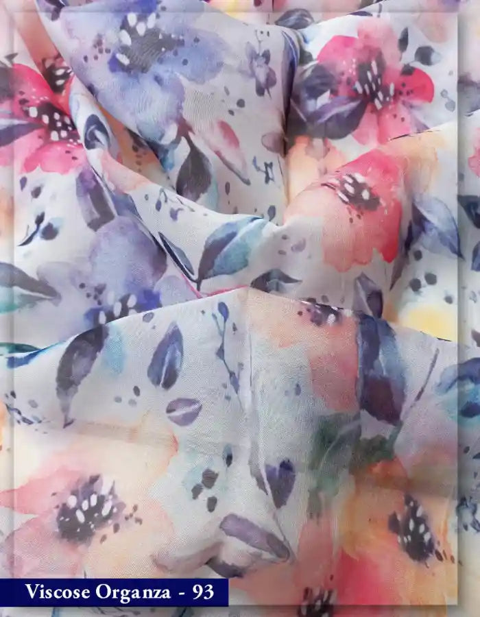White Viscose Organza Fabric with Multicolor Floral Print