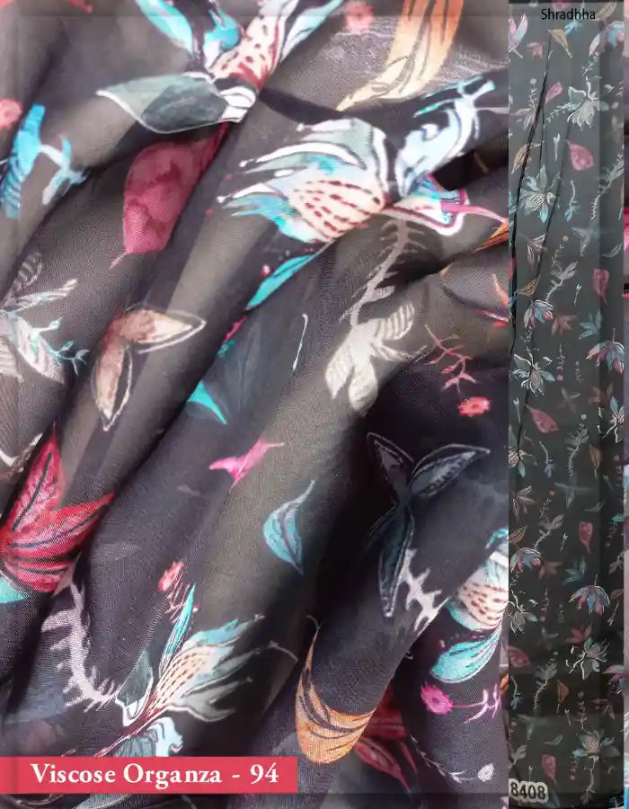 Black Viscose Organza Fabric with Tropical Floral Print