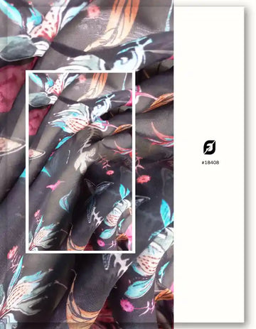 Black Viscose Organza Fabric with Tropical Floral Print