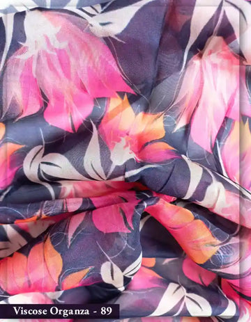 Navy Blue Viscose Organza Fabric with Pink Floral Print