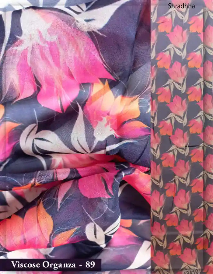 Navy Blue Viscose Organza Fabric with Pink Floral Print