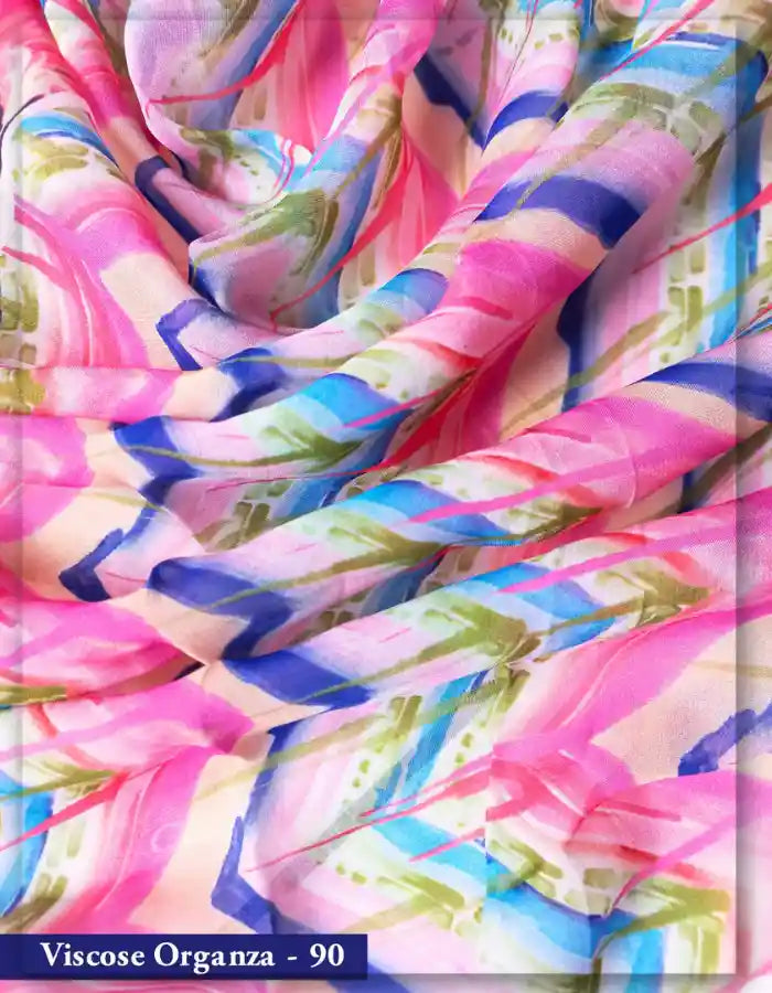 Pink & Blue Viscose Organza Fabric with Abstract Print