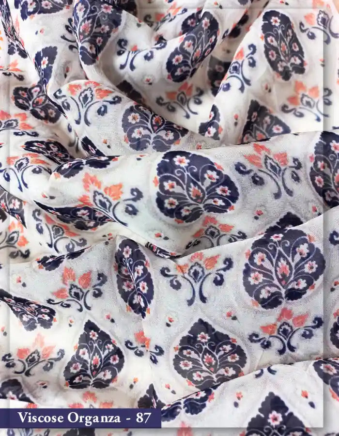 White & Blue Viscose Organza Fabric with Paisley Print