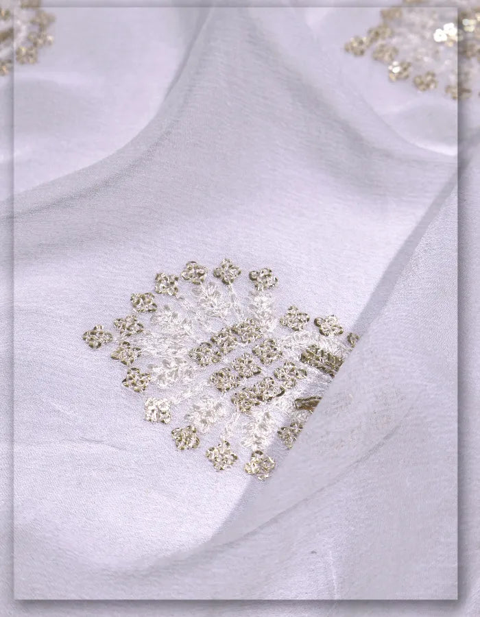 White Chiffon Embroidered Butti Fabric Designer - 6173