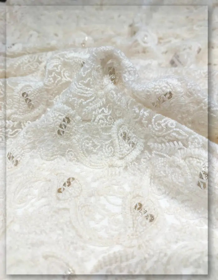 Cotton Thread Paisley Embroidered Net Fabric - 4047