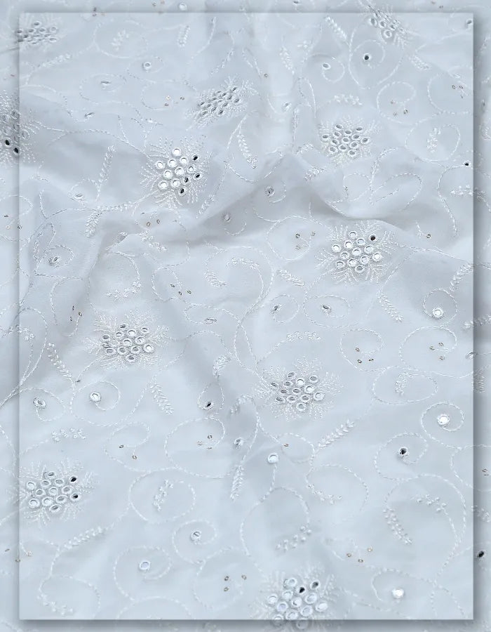 Floral Shisha Mirror Work Embroidery Lace Fabric - 8071