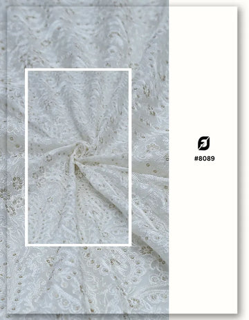 White Paisley Floral Chain Stitch Embroidered Lace Fabric - 8089