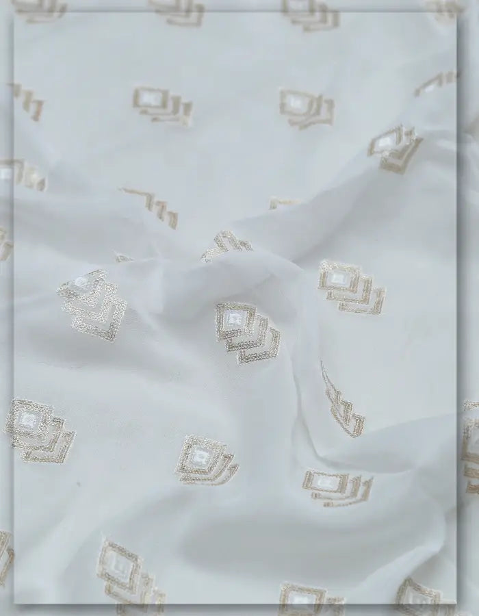 White Geometric Embroidery Georgette Dress Fabric - 8157