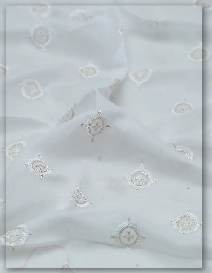 White Mirror Style Embroidery Georgette Fabric - 8158