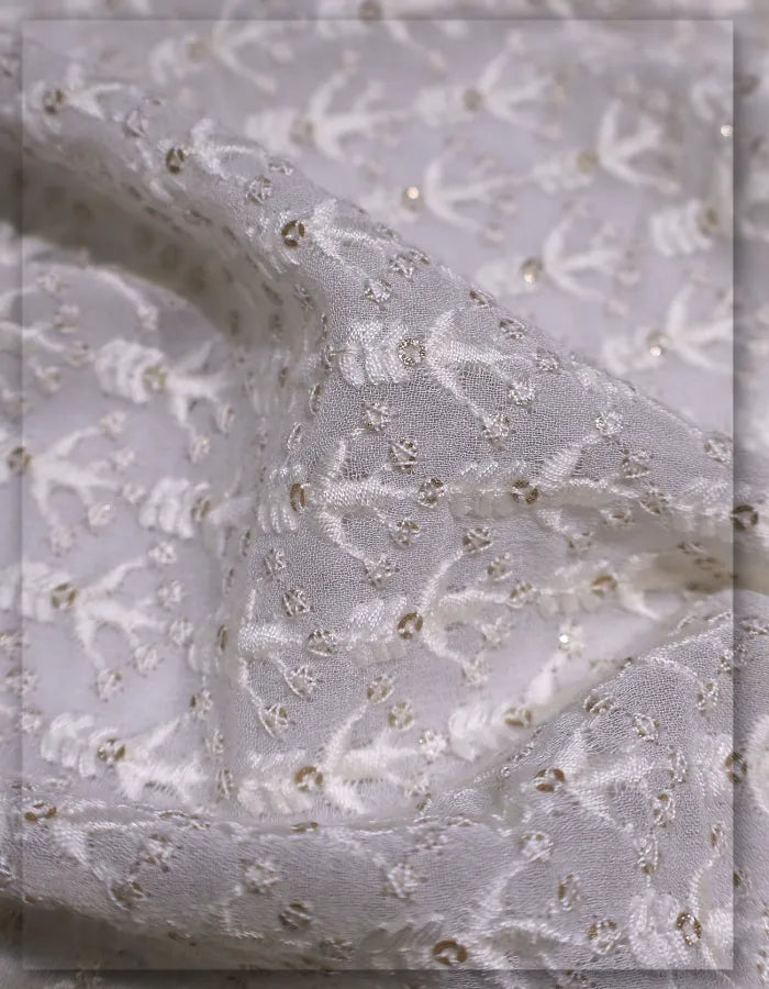 White Georgette Embroidered Sherwani Fabric - 9228