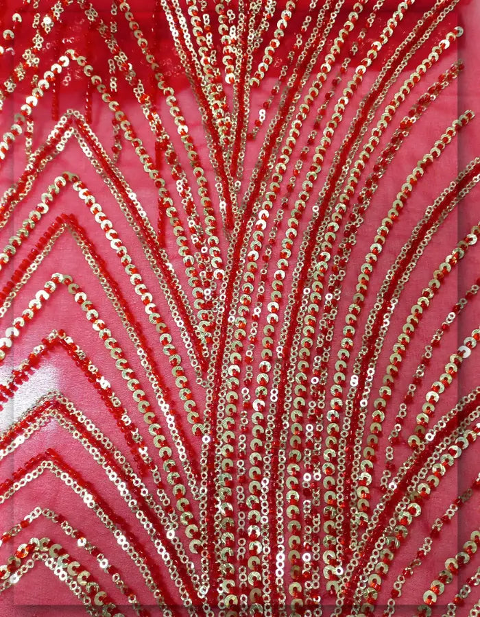 Red Beaded Gold Sequin Bridal Embroidered Georgette Fabric