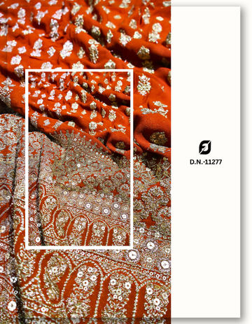 Rust Red Georgette Zari Sequin Daman Fabric Heavy Border Work