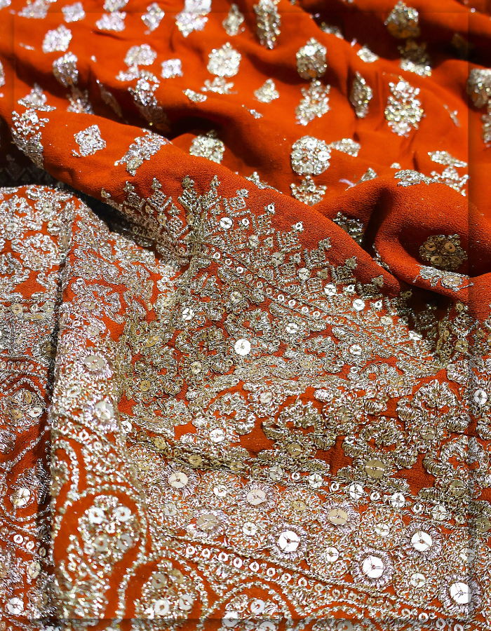 Rust Red Georgette Zari Sequin Daman Fabric Heavy Border Work
