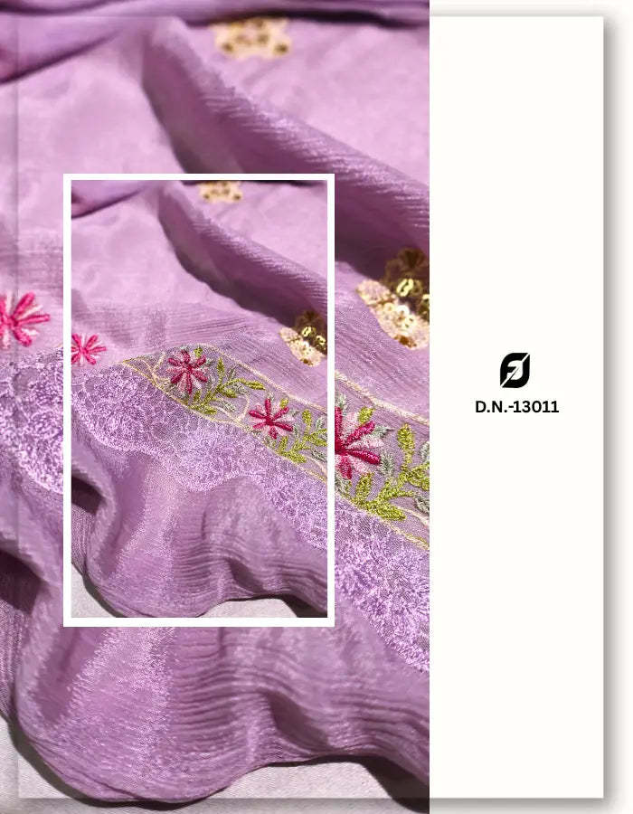 Embroidered Chinon Dupatta Fabric with Gold Zari & Sequins
