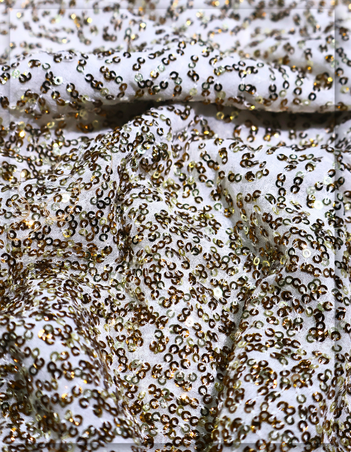 Heavy Bowl Sequin Daman Georgette Embroidered Fabric – Metallic Gold Gradient Border