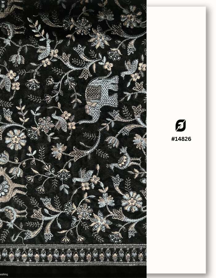 Premium Floral Embroidered Black Velvet Fabric for Designer Wear #14826
