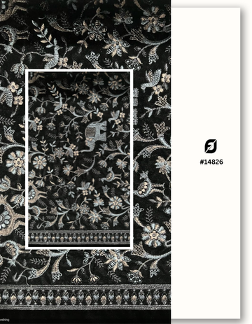 Premium Floral Embroidered Black Velvet Fabric for Designer Wear #14826