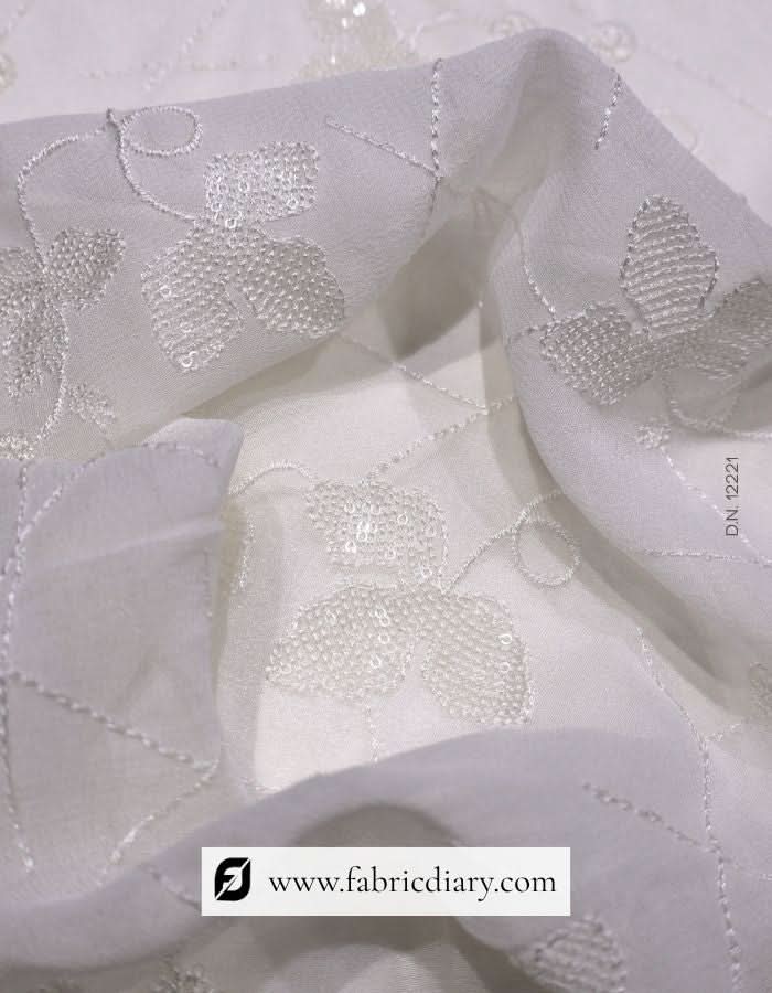 Georgette Embroidery Fabric in White with Designer Sequin Touch #12221