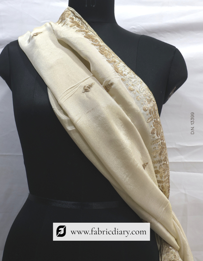 Embroidered gold tissue scarf – elegant dupatta for lehenga or gown