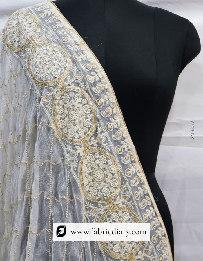 Dyeable Embroidered Chiffon Thread and Sequins Work Dupatta – #6077
