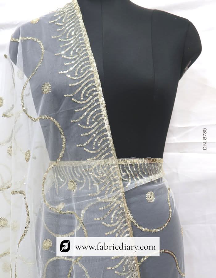 Embroidered net dupatta – dyeable light gold sequins for festive wear