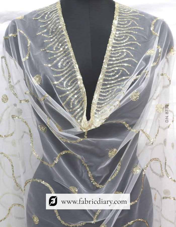 Dyeable Light Gold Sequins Embroidered Designer Net Dupatta / Scarf – #8730