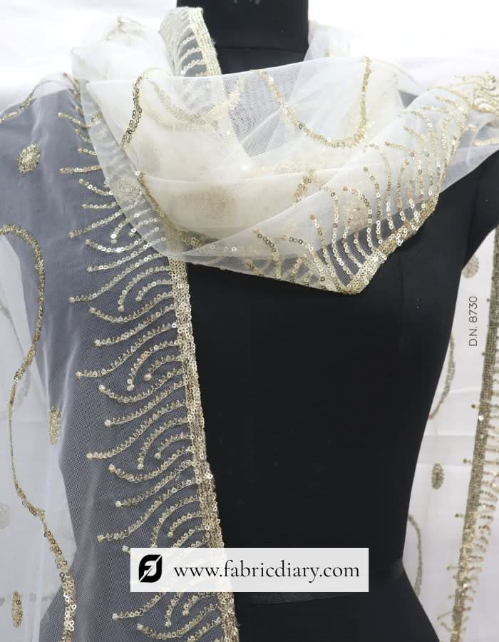 Dyeable Light Gold Sequins Embroidered Designer Net Dupatta / Scarf – #8730