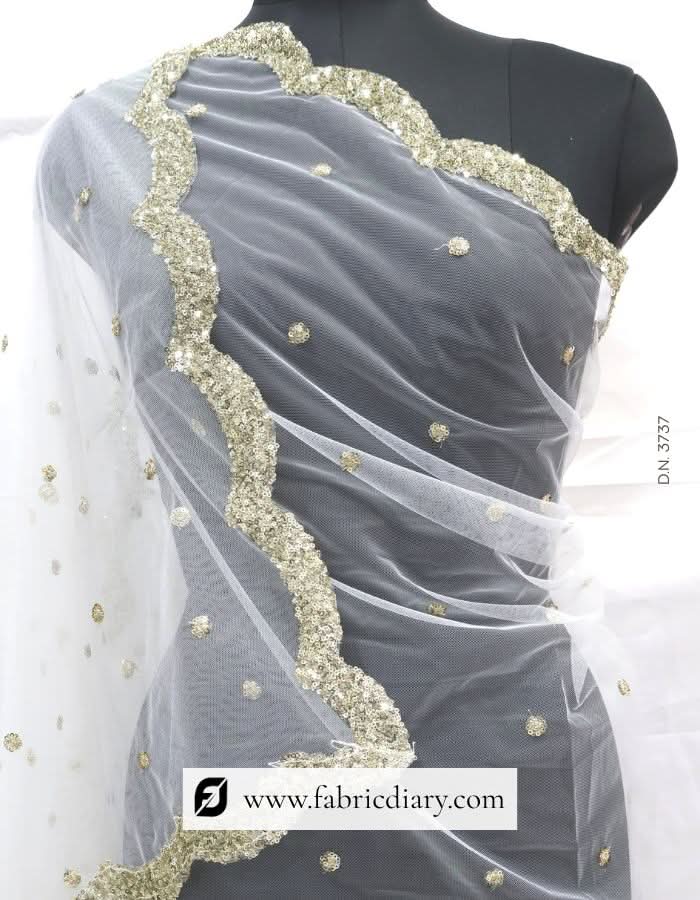 Dyeable Light Gold Sequins Embroidery Net Dupatta / Scarf – #3737