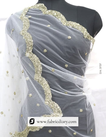 Dyeable Light Gold Sequins Embroidery Net Dupatta / Scarf – #3737
