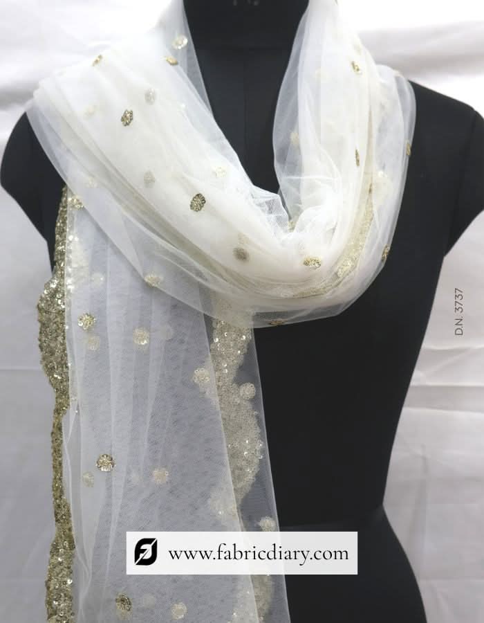 Dyeable Light Gold Sequins Embroidery Net Dupatta / Scarf – #3737