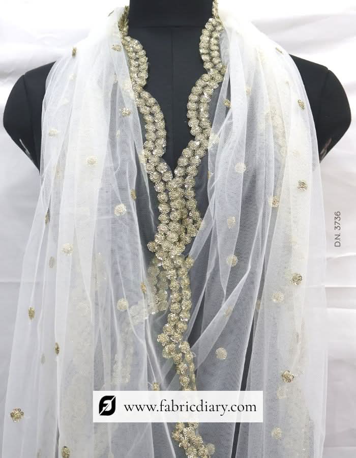 Dyeable Sequins Embroidered Designer Net Dupatta / Scarf – #3736
