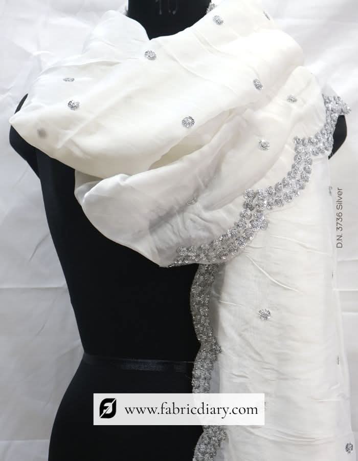 Buy dyeable viscose organza scarf – silver sequins embroidery for dresses