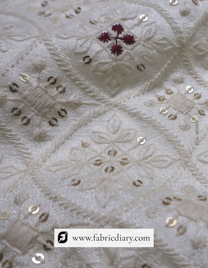 White Embroidered Sherwani Fabric With 3mm Sequins
